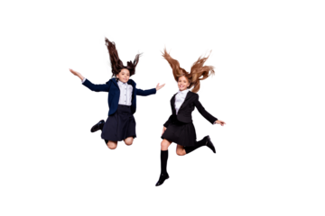 Full body photo of charming trendy schoolchildren raise hands palms have break isolated over purple background