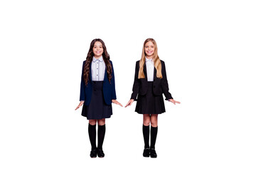 Fototapeta premium Full size photo of charming kids feel content dreamy isolated over purple violet background