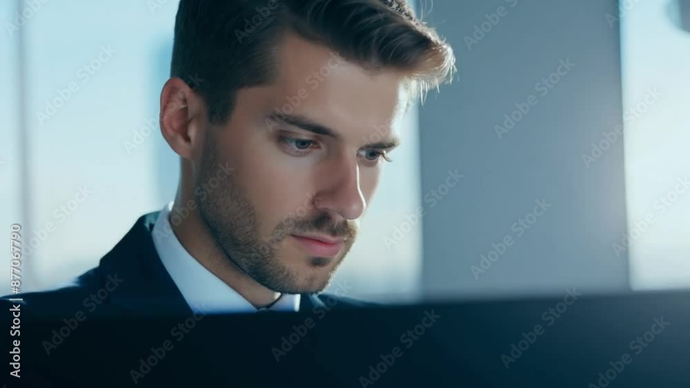 Aufkleber a businessman in a suit sits in front of a computer, working intently.
