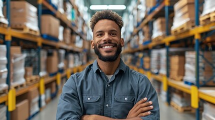 a warehouse manager using advanced technology to track inventory, surrounded by neatly stacked boxes and automated systems, highlighting efficient logistics operations, with clear copy space for text