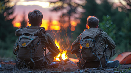 group of scouts sit by the campfire, enjoying nature