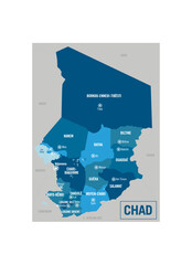 Chad, Tchad, Africa country political map. Detailed vector illustration with isolated states, regions and cities easy to ungroup. 