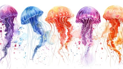Fototapeta premium Watercolor Jellyfish Arrangement on White Background