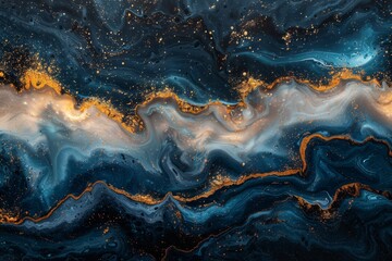 featuring a harmonious blend of dark and light blue with gold hues, complemented by mesmerizing white ink-like liquid fluid patterns, elegance of marble stone.