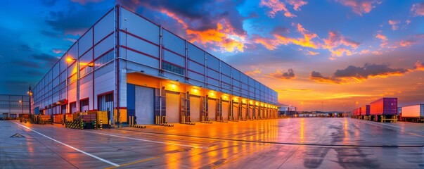 industrial complex with warehouses, loading docks, and seamless logistics operations, showcasing the efficiency of the logistics industry, offering clear copy space for text