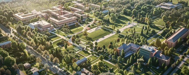In the beautiful aerial view, lush green university campus features modern buildings and abundant foliage AIG59