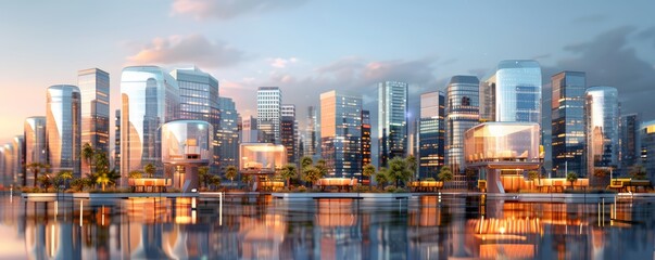 Fototapeta premium a hyperreal surreal business landscape with transparent skyscrapers and levitating conference rooms, creating a dreamlike corporate atmosphere, with clear copy space for text