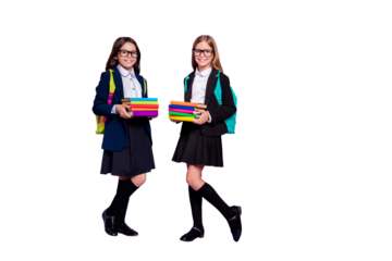 Full length photo of kids hold hand literature wear eyewear eyeglasses bag backpack rucksack skirt long socks isolated over violet background