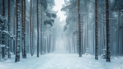 Fototapeta premium Frosty winter landscape in snowy forest Christmas background