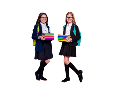 Full length photo of kids hold hand literature wear eyewear eyeglasses bag backpack rucksack skirt long socks isolated over violet background