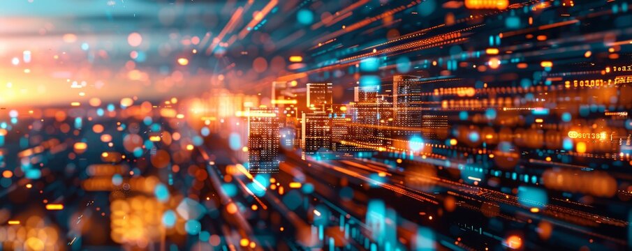 a hyperreal business background with floating office buildings and digital data streams, blending surrealism with a corporate setting, providing clear copy space for text