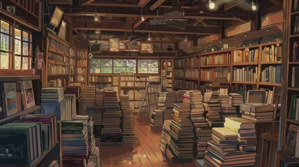 Obraz premium An old, quaint bookstore in anime style with stacks of books everywhere and a warm, nostalgic ambiance, a copy space