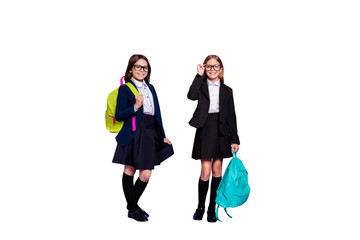 Obraz premium Full length photo of charming classmates hold hand wear trendy stylish eyewear eyeglasses isolated over violet background