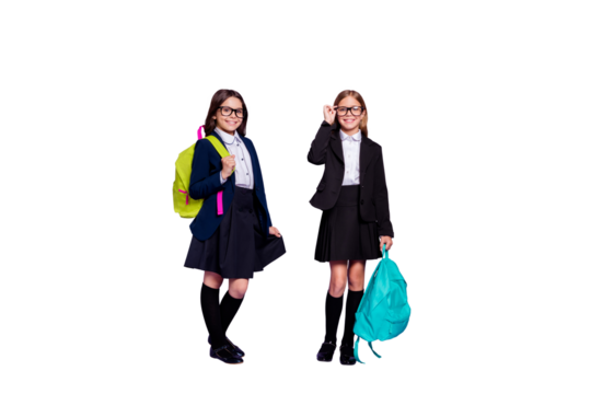 Full length photo of charming classmates hold hand wear trendy stylish eyewear eyeglasses isolated over violet background