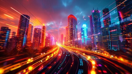 Fototapeta premium a surreal hyperreal business district with levitating skyscrapers and digital data streams, capturing an imaginative corporate environment, offering ample copy space for text