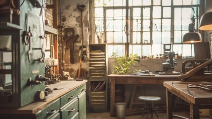 An old workshop with vintage tools and soft ambient lighting, emphasizing texture and atmosphere, a copy space