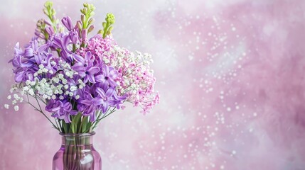 Obraz premium Arrangement of purple hyacinth and pink gypsophila flowers in a vase Concept for florist displays or home decor Focus on specific details Ample space for text