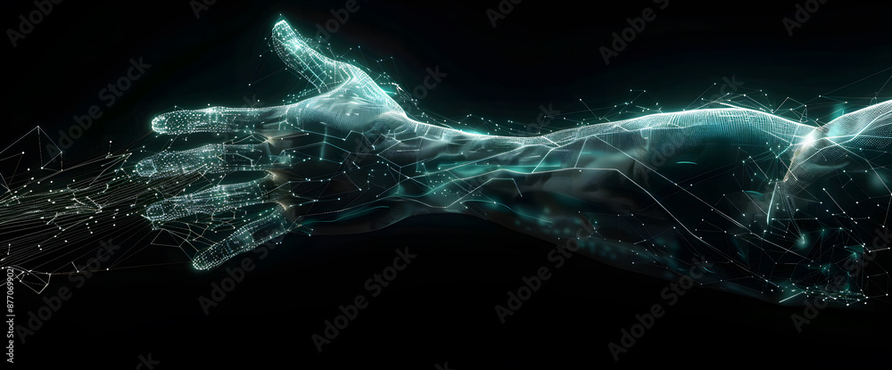 Poster digital hand hologram on dark background with copy space design. neural network connection. communic