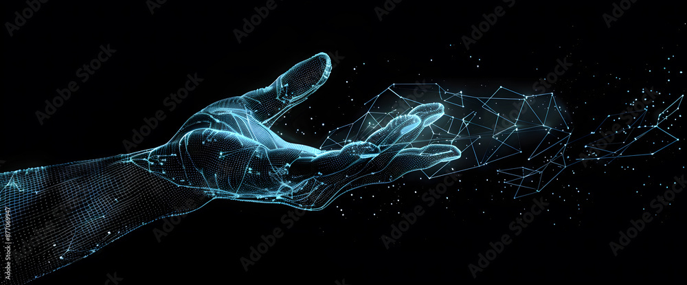 Poster digital hand hologram on dark background with copy space design. neural network connection. communic