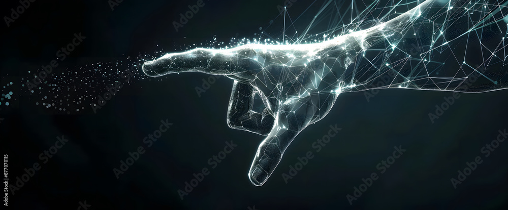 Poster digital hand hologram on dark background with copy space design. neural network connection. communic