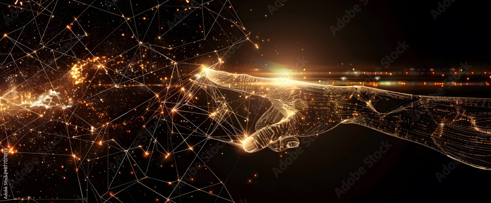 Poster digital hand hologram on dark background with copy space design. neural network connection. communic