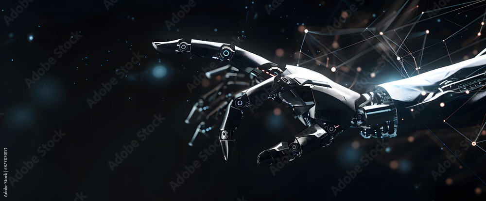 Poster digital hand hologram on dark background with copy space design. neural network connection. communic