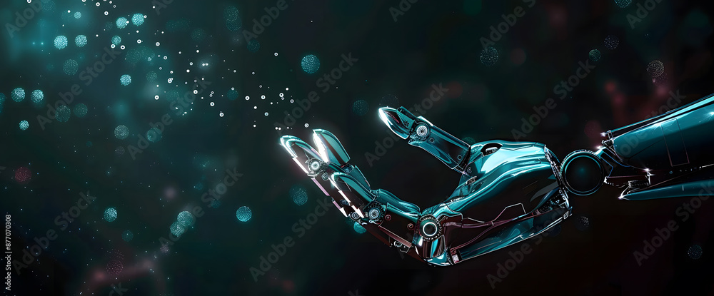 Poster digital hand hologram on dark background with copy space design. neural network connection. communic