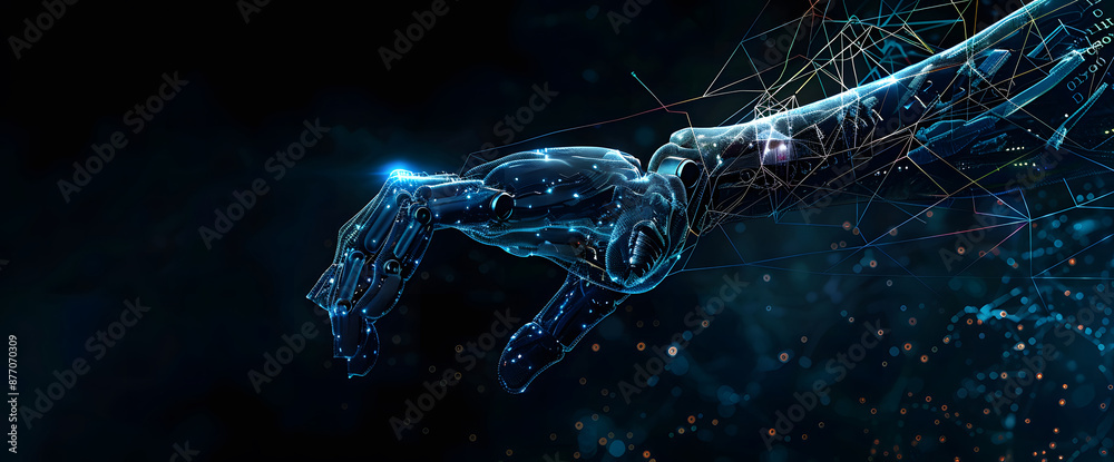 Poster digital hand hologram on dark background with copy space design. neural network connection. communic