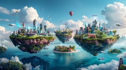 Obraz premium a surreal background wallpaper depicting a new innovation hub, with imaginative elements like floating islands, advanced tech, and creative energy, providing clear copy space for text