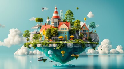 a surreal background wallpaper depicting a new innovation hub, with imaginative elements like floating islands, advanced tech, and creative energy, providing clear copy space for text