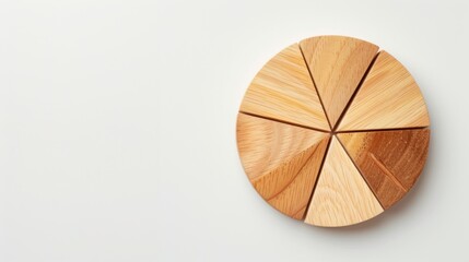 A minimalist wooden pie chart with seven segments on a clean white background.