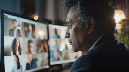 Latin indian businessman having virtual team meeting group call chatting with diverse people in customer support. Video conference call on computer with manager and employees