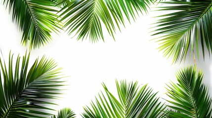 An image features a collection of green tropical leaves that form a natural frame around a blank white center, creating a fresh and lively appearance.