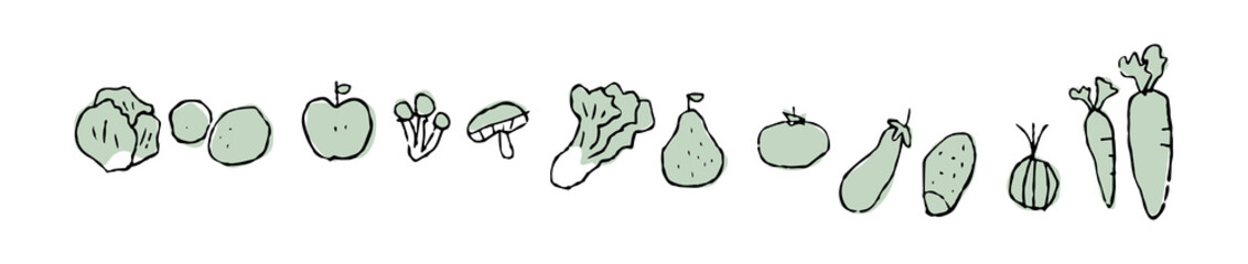 野菜のゆるい手描きの線画_横長_黒と緑