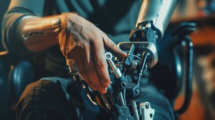 Obraz premium Man amputee with disability or amputation holding artificial foot leg prosthesis in hands. People with amputation disabilities mobility and health care rehabilitation concept, close up 