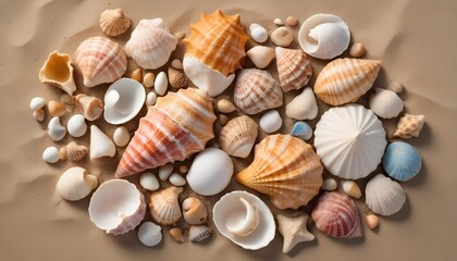 White and orange seashells lie on the sand on the beach