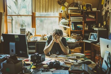 Man Feeling Overwhelmed at a Messy Desk