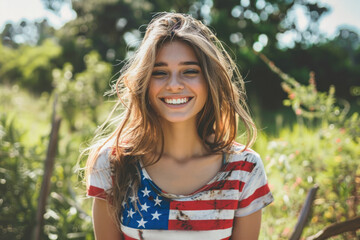 Beautiful happy American girl in a T-shirt with the flag of the United States of America in a nature.