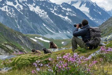 Fototapeta premium Austria, Grossglockner, Man taking photograph of Alpine Marmots (Marmota marmota)