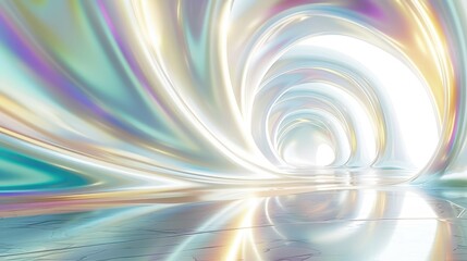 Obraz premium A stunning abstract image featuring a shiny, swirling tunnel with iridescent colors and glowing light at the end, creating a sense of depth and movement.