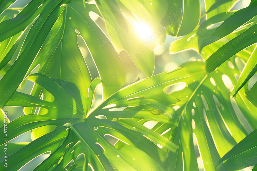 Poster Green monstera leaves with sunlight shining through, creating a vibrant and fresh tropical pattern.