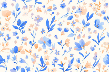 Fototapeta premium A seamless pattern with delicate blue and peach flowers and leaves scattered on a white background, creating a fresh and light design.