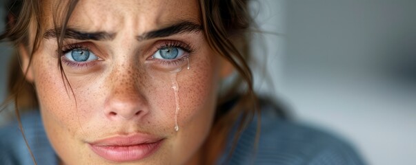 Fototapeta premium a close-up of a beautiful woman with tears streaming down her face, her expression reflecting deep sadness and vulnerability, providing clear copy space for text
