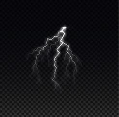 White lightning and thunderbolt, vector realistic glowing meteorology effect, light rays flash, bolt lightning flare