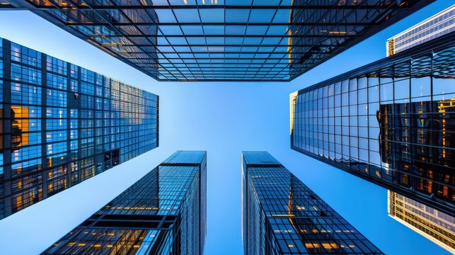 A dramatic upward perspective photograph capturing five modern skyscrapers with reflective glass facades, converging towards a central vanishing point under a clear blue sky.