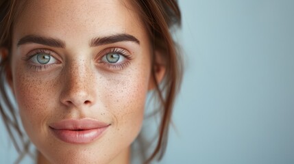 a close-up of a beautiful woman with a calm expression, her face reflecting inner peace and tranquility, providing ample copy space for text