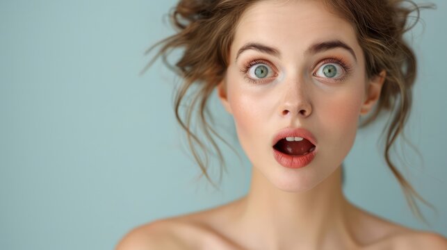 a close-up of a beautiful woman with a surprised expression, her eyes wide open and her mouth slightly agape, capturing a moment of unexpected shock, providing ample copy space for text