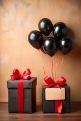 Black gift boxes with red ribbons and floating black and red balloons are standing against a brown background with a blank black sign for your text