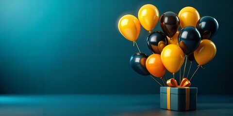 Blue gift box with a gold ribbon on a blue background with black and yellow balloons floating, perfect for black friday or cyber monday promotions