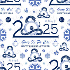 Seamless pattern with Asian elements for happy Chinese new year of the Snake 2025